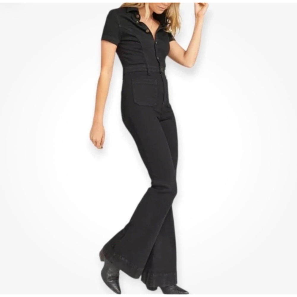 Show Me Your Mumu Small Everhart Jumpsuit in Pitch Black Denim Flare Boho Retro